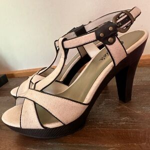 Candies linen canvas cream brown leather piping high heel sandals buckle 8.5M